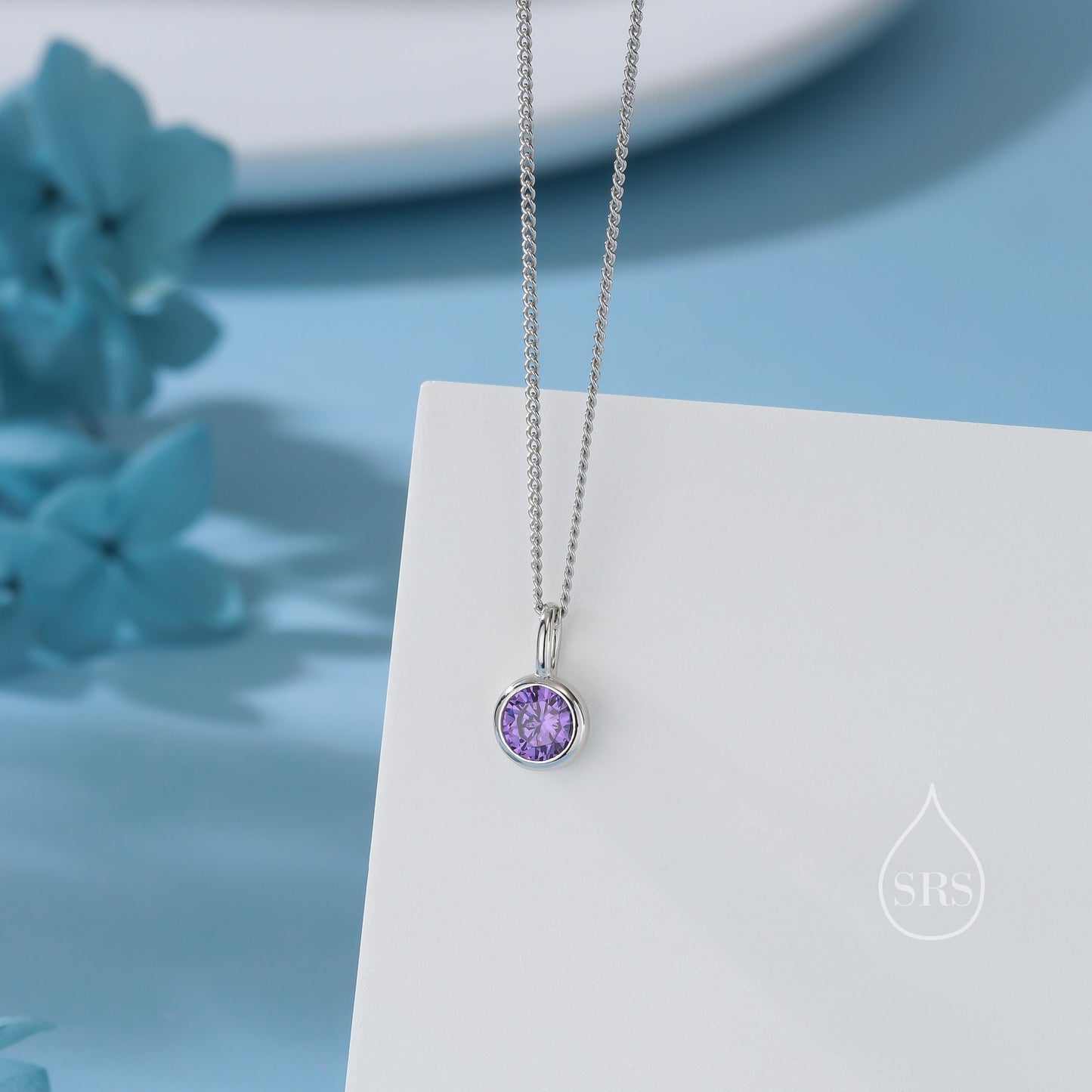 Amethyst Purple CZ Bubble Pendant Necklace  in Sterling Silver, Silver or Gold or Rose Gold, 1 Ct Zircon Bezel Necklace, February Birthstone