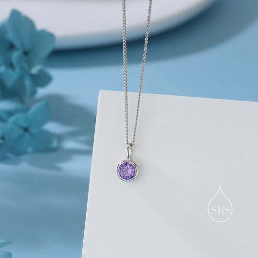 Amethyst Purple CZ Bubble Pendant Necklace  in Sterling Silver, Silver or Gold or Rose Gold, 1 Ct Zircon Bezel Necklace, February Birthstone