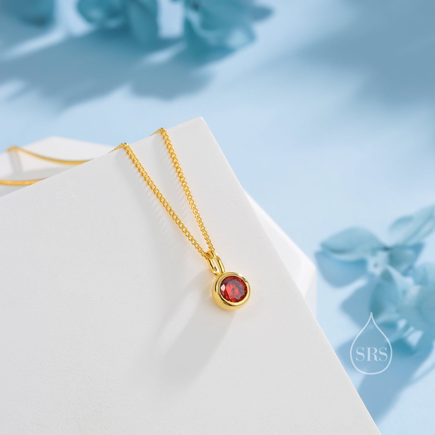 Garnet Red CZ Bubble Pendant Necklace  in Sterling Silver, Silver or Gold or Rose Gold, 1 Ct Zircon Bezel Necklace, January Birthstone