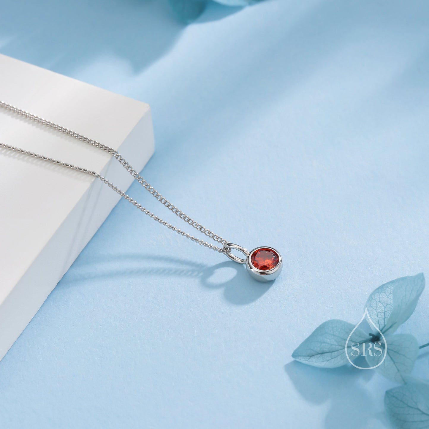 Garnet Red CZ Bubble Pendant Necklace  in Sterling Silver, Silver or Gold or Rose Gold, 1 Ct Zircon Bezel Necklace, January Birthstone