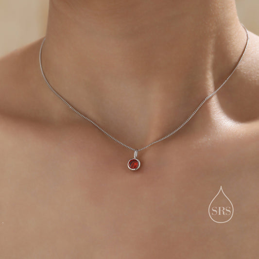 Garnet Red CZ Bubble Pendant Necklace  in Sterling Silver, Silver or Gold or Rose Gold, 1 Ct Zircon Bezel Necklace, January Birthstone