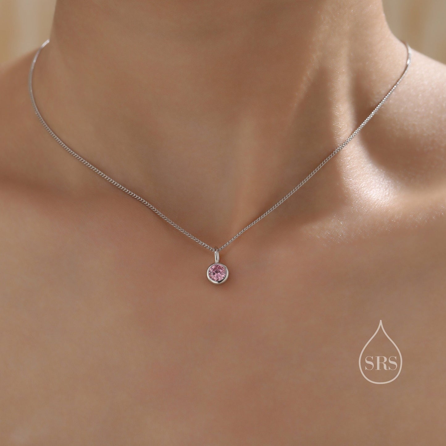 Tourmaline Pink CZ Bubble Pendant Necklace  in Sterling Silver, Silver or Gold or Rose Gold,  Bezel Necklace, October Birthstone