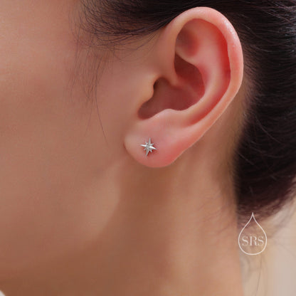 Internally Threaded Tiny CZ Starburst Flat Back Earrings in Sterling Silver, Star Earrings, Piercing Jewellery, 6mm post length.