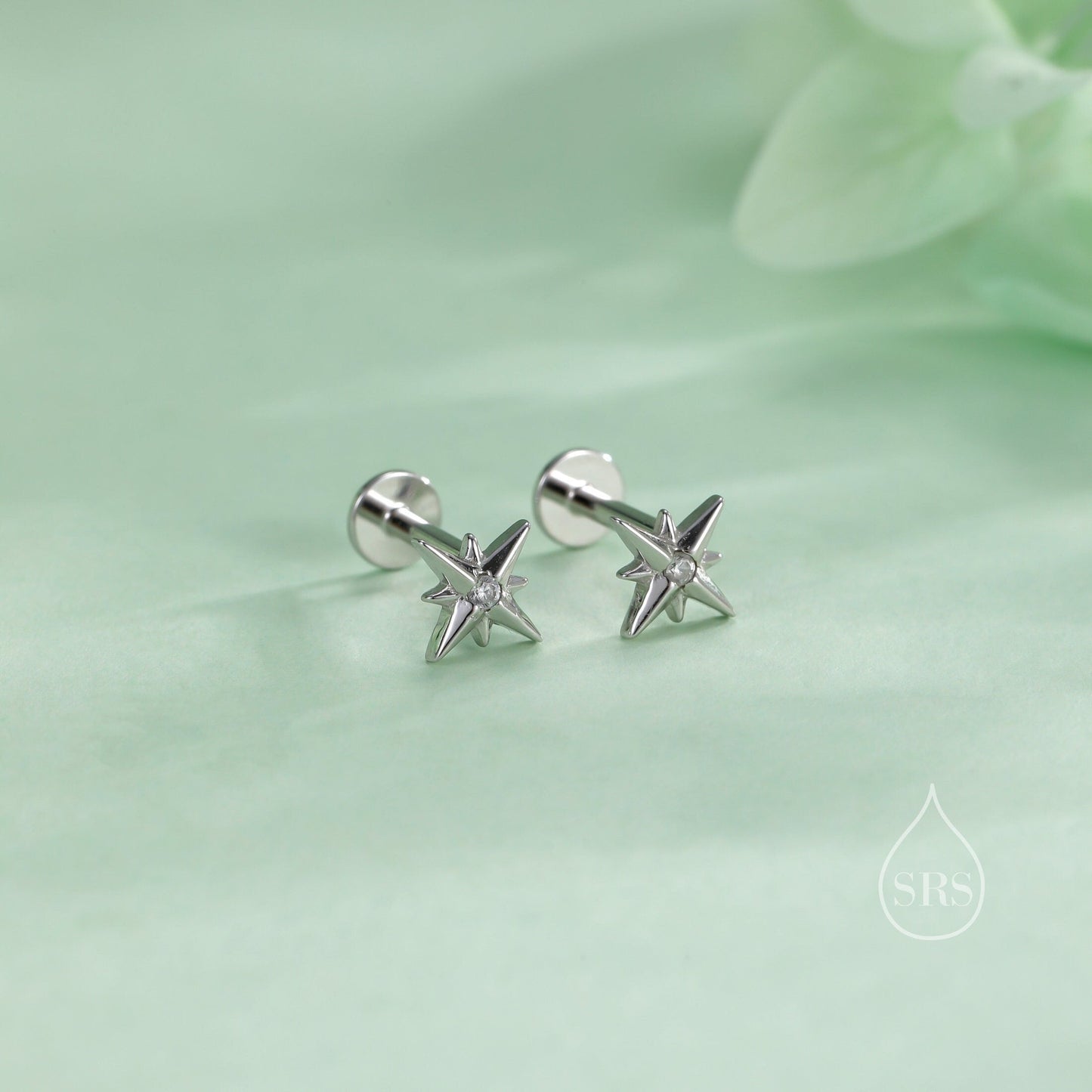 Internally Threaded Tiny CZ Starburst Flat Back Earrings in Sterling Silver, Star Earrings, Piercing Jewellery