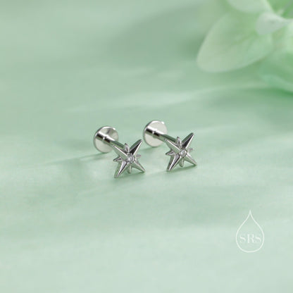 Internally Threaded Tiny CZ Starburst Flat Back Earrings in Sterling Silver, Star Earrings, Piercing Jewellery