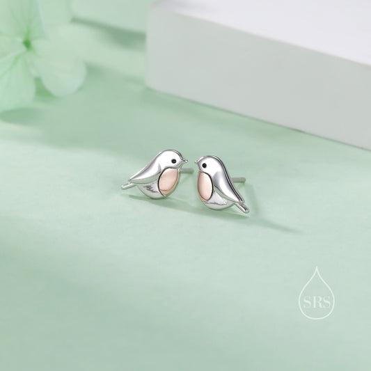 Cute Robin Bird Stud Earrings in Sterling Silver, Partial Rose Gold Coating, British Garden Bird Earrings, Nature Inspired Animal Earrings