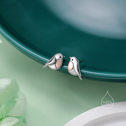 Cute Robin Bird Stud Earrings in Sterling Silver, Partial Rose Gold Coating, British Garden Bird Earrings, Nature Inspired Animal Earrings