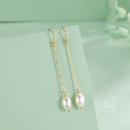 Genuine Oval Freshwater Pearl Drop Hook Earrings in Sterling Silver, Silver or Gold, Irregular Shape Natural Pearl Long Dangle Earrings