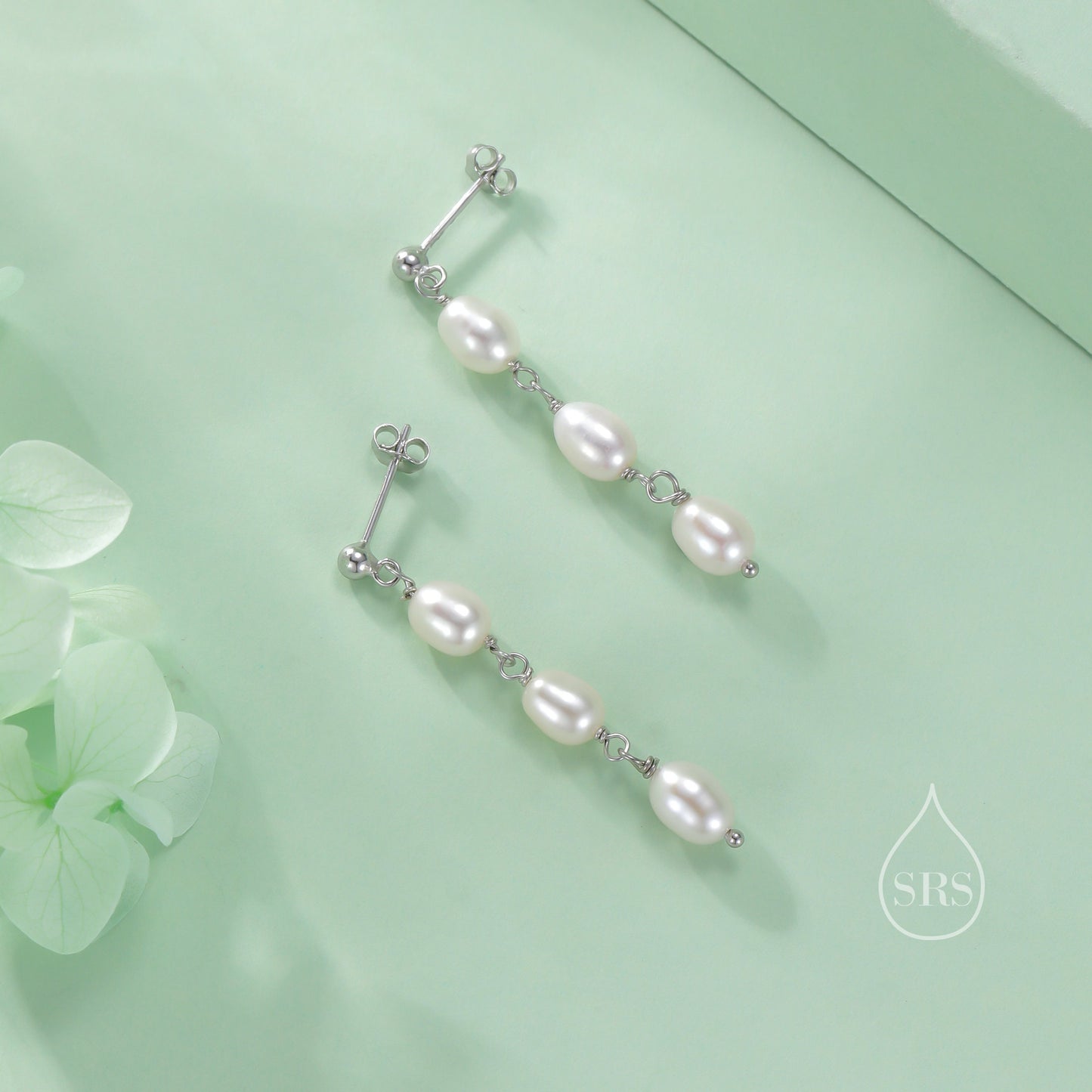 Genuine Freshwater Pearl Trio Drop Earrings in Sterling Silver, Delicate Oval Pearl Cascade Dangle Earrings, Silver or Gold