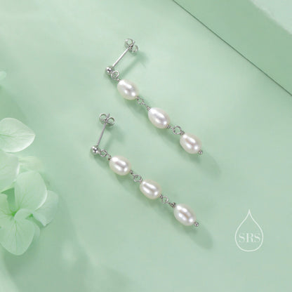 Genuine Freshwater Pearl Trio Drop Earrings in Sterling Silver, Delicate Oval Pearl Cascade Dangle Earrings, Silver or Gold