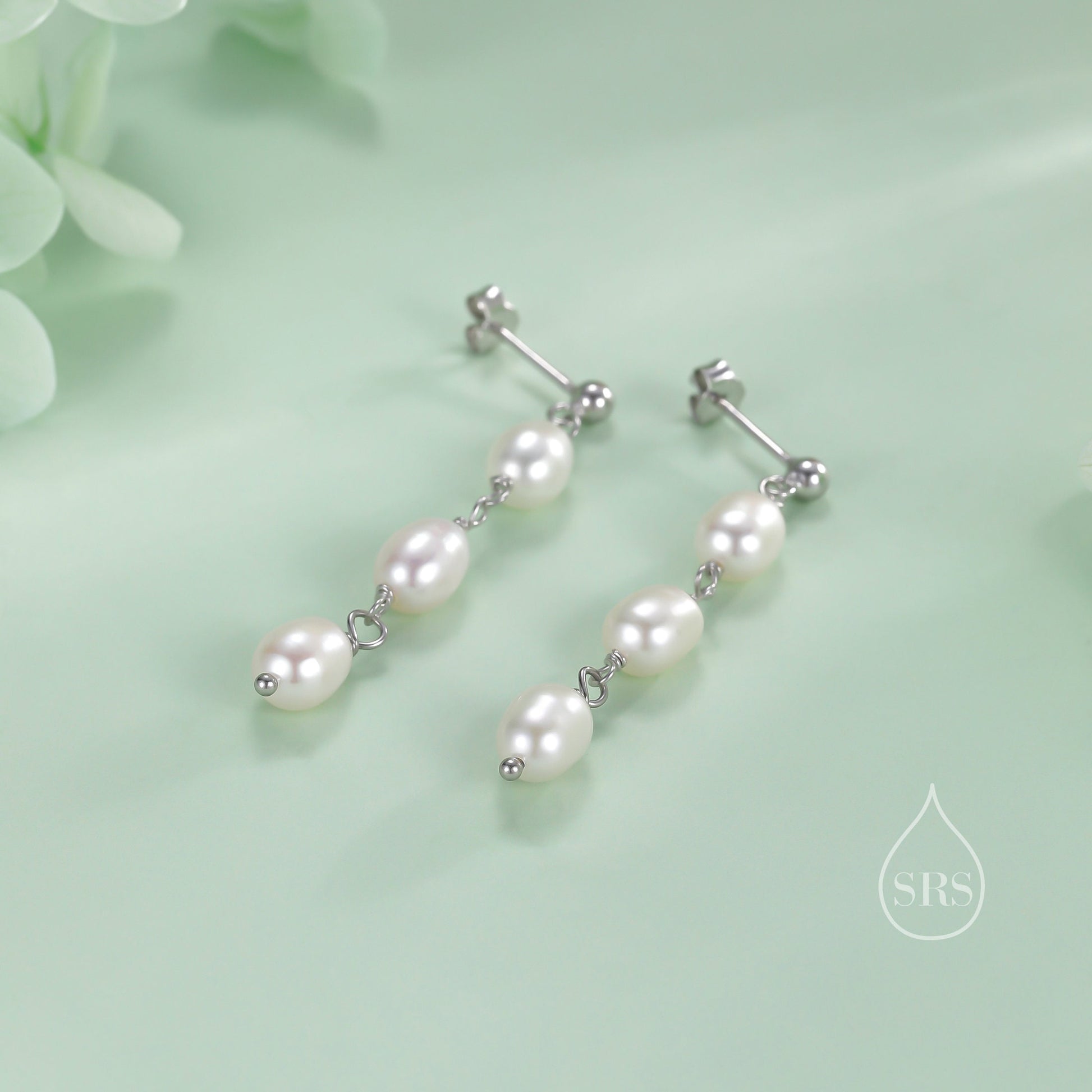 Genuine Freshwater Pearl Trio Drop Earrings in Sterling Silver, Delicate Oval Pearl Cascade Dangle Earrings, Silver or Gold