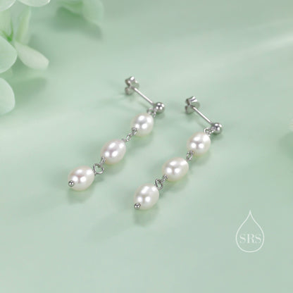 Genuine Freshwater Pearl Trio Drop Earrings in Sterling Silver, Delicate Oval Pearl Cascade Dangle Earrings, Silver or Gold