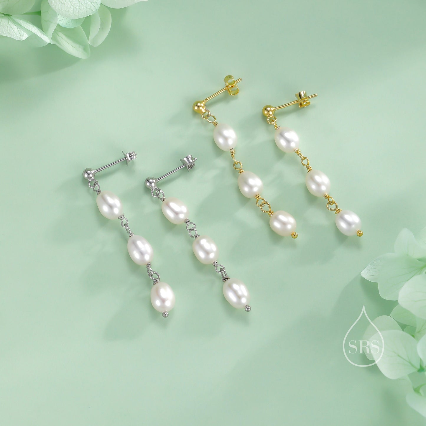 Genuine Freshwater Pearl Trio Drop Earrings in Sterling Silver, Delicate Oval Pearl Cascade Dangle Earrings, Silver or Gold