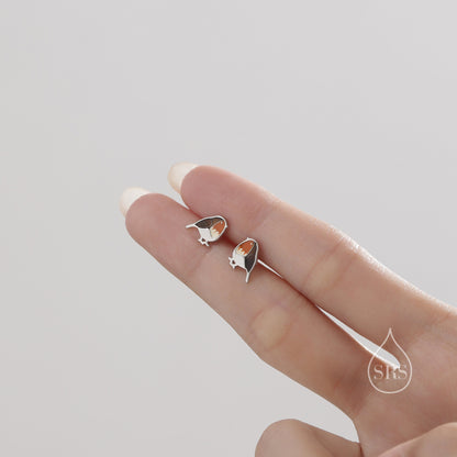 Hand Painted Robin Bird Stud Earrings in Sterling Silver, British Bird Earrings, Nature Inspired Animal Earrings