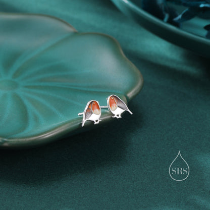 Hand Painted Robin Bird Stud Earrings in Sterling Silver, British Bird Earrings, Nature Inspired Animal Earrings