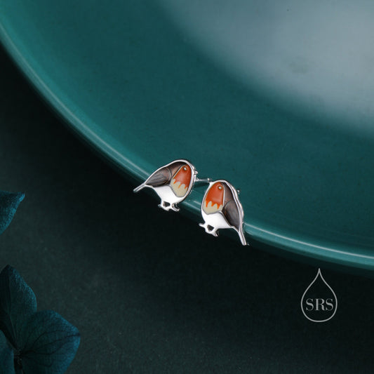 Hand Painted Robin Bird Stud Earrings in Sterling Silver, British Bird Earrings, Nature Inspired Animal Earrings
