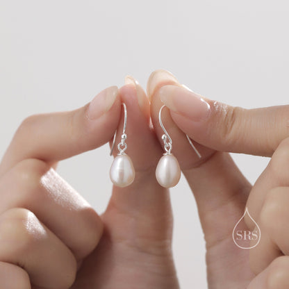 Genuine Droplet Freshwater Pearl Drop Hook Earrings in Sterling Silver, Silver or Gold, Delicate Pear Pearl Earrings, Genuine Pearls