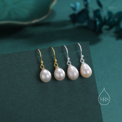 Genuine Droplet Freshwater Pearl Drop Hook Earrings in Sterling Silver, Silver or Gold, Delicate Pear Pearl Earrings, Genuine Pearls
