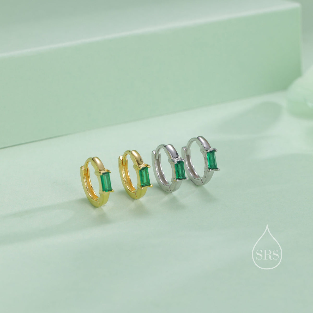 Emerald Green Single Baguette Cut CZ Huggie Hoop in Sterling Silver, Silver or Gold, Minimalist Simple Green Hoop Earrings
