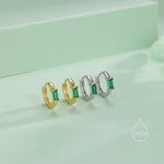Emerald Green Single Baguette Cut CZ Huggie Hoop in Sterling Silver, Silver or Gold, Minimalist Simple Green Hoop Earrings