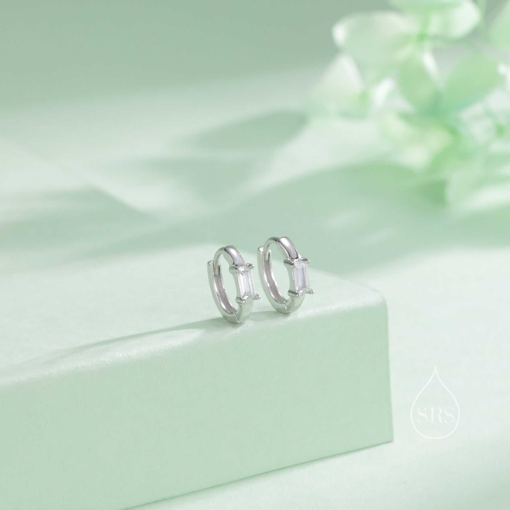 Minimalist Single Baguette Cut CZ Huggie Hoop in Sterling Silver, Silver or Gold, Minimalist Simple Hoop Earrings