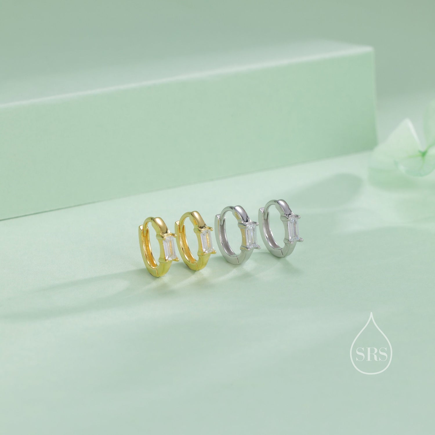 Minimalist Single Baguette Cut CZ Huggie Hoop in Sterling Silver, Silver or Gold, Minimalist Simple Hoop Earrings