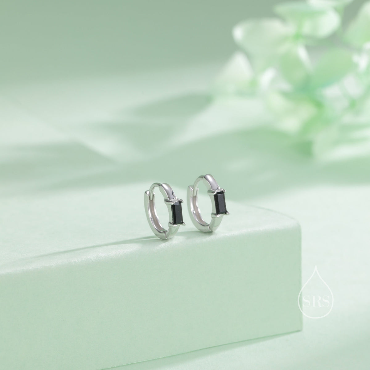 Black Single Baguette Cut CZ Huggie Hoop in Sterling Silver, Silver or Gold, Minimalist Simple Black Hoop Earrings