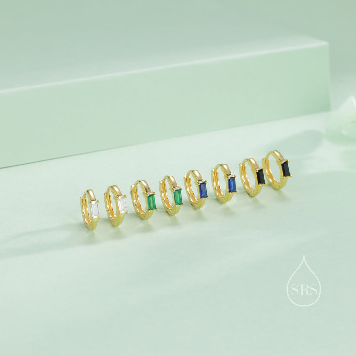 Emerald Green Single Baguette Cut CZ Huggie Hoop in Sterling Silver, Silver or Gold, Minimalist Simple Green Hoop Earrings