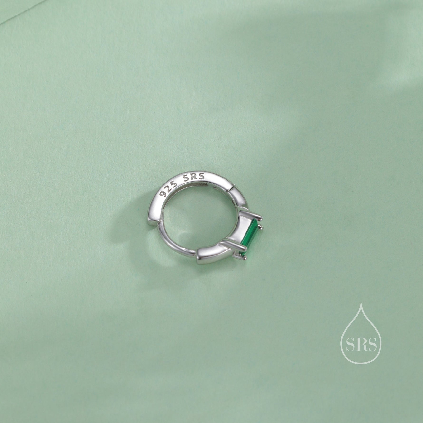 Emerald Green Single Baguette Cut CZ Huggie Hoop in Sterling Silver, Silver or Gold, Minimalist Simple Green Hoop Earrings