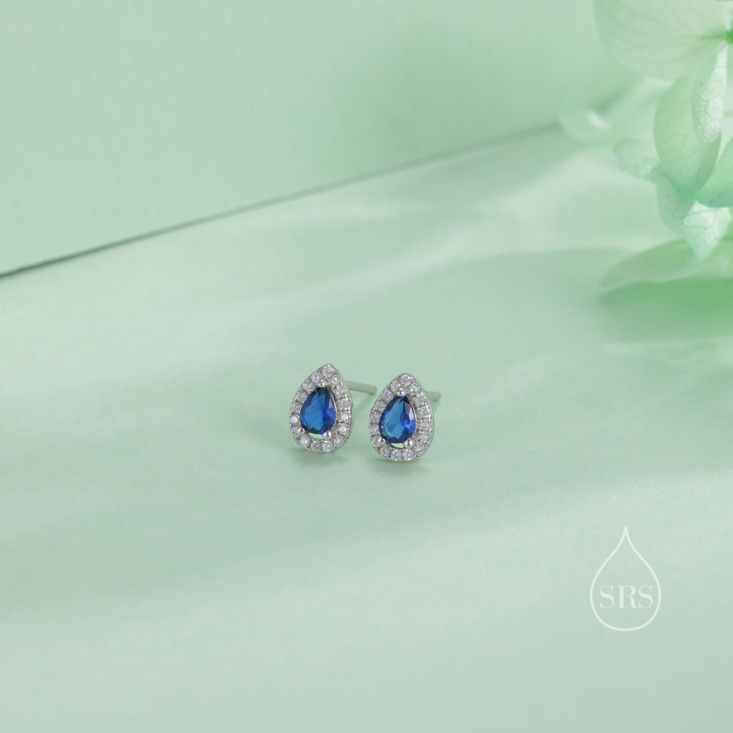 Tiny Sapphire Blue Droplet CZ Halo Stud Earrings in Sterling Silver, Silver or Gold, Tiny Pear Cut  CZ Stud Earrings, September Birthstone