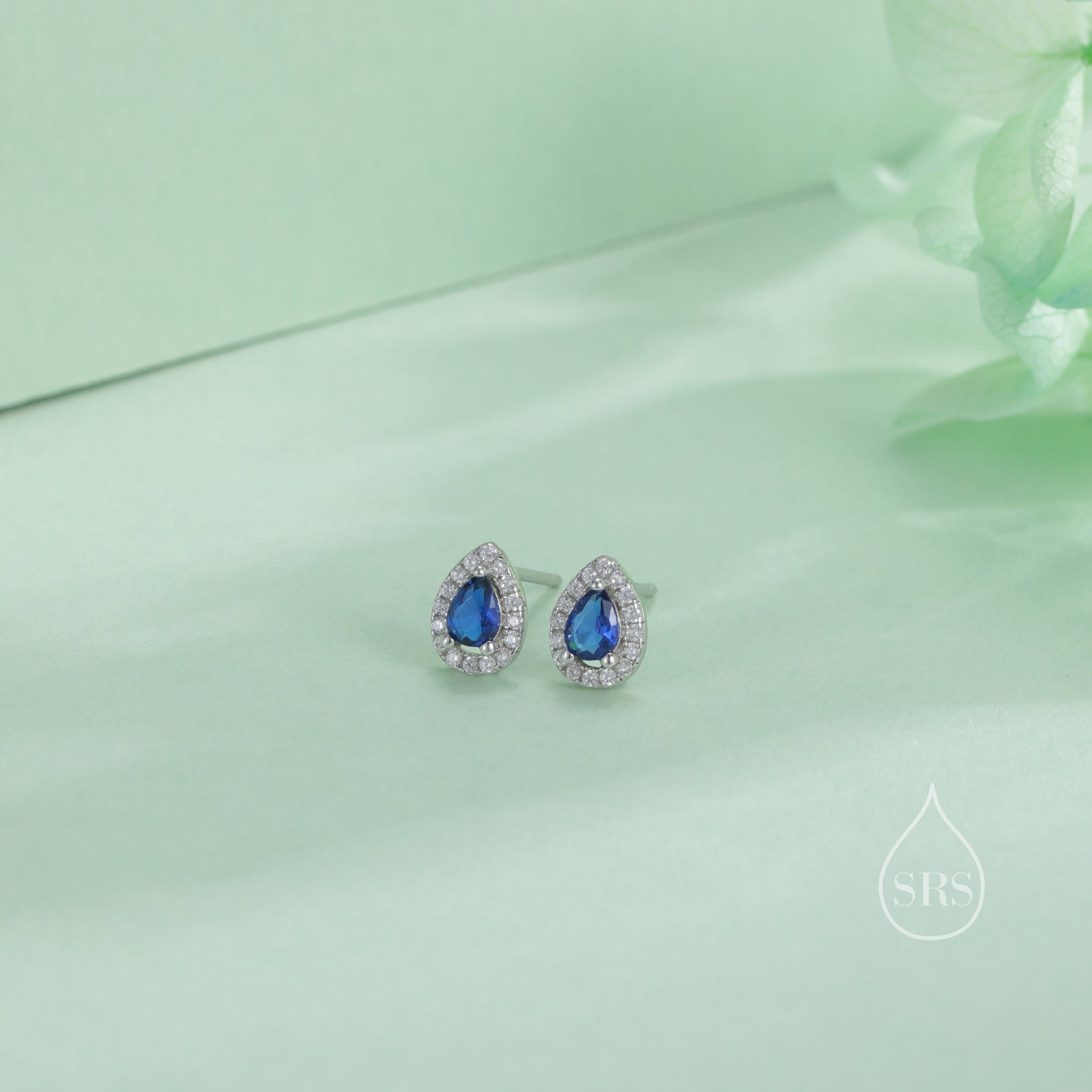 Tiny Sapphire Blue Droplet CZ Halo Stud Earrings in Sterling Silver, Silver or Gold, Tiny Pear Cut CZ Stud Earrings, September Birthstone