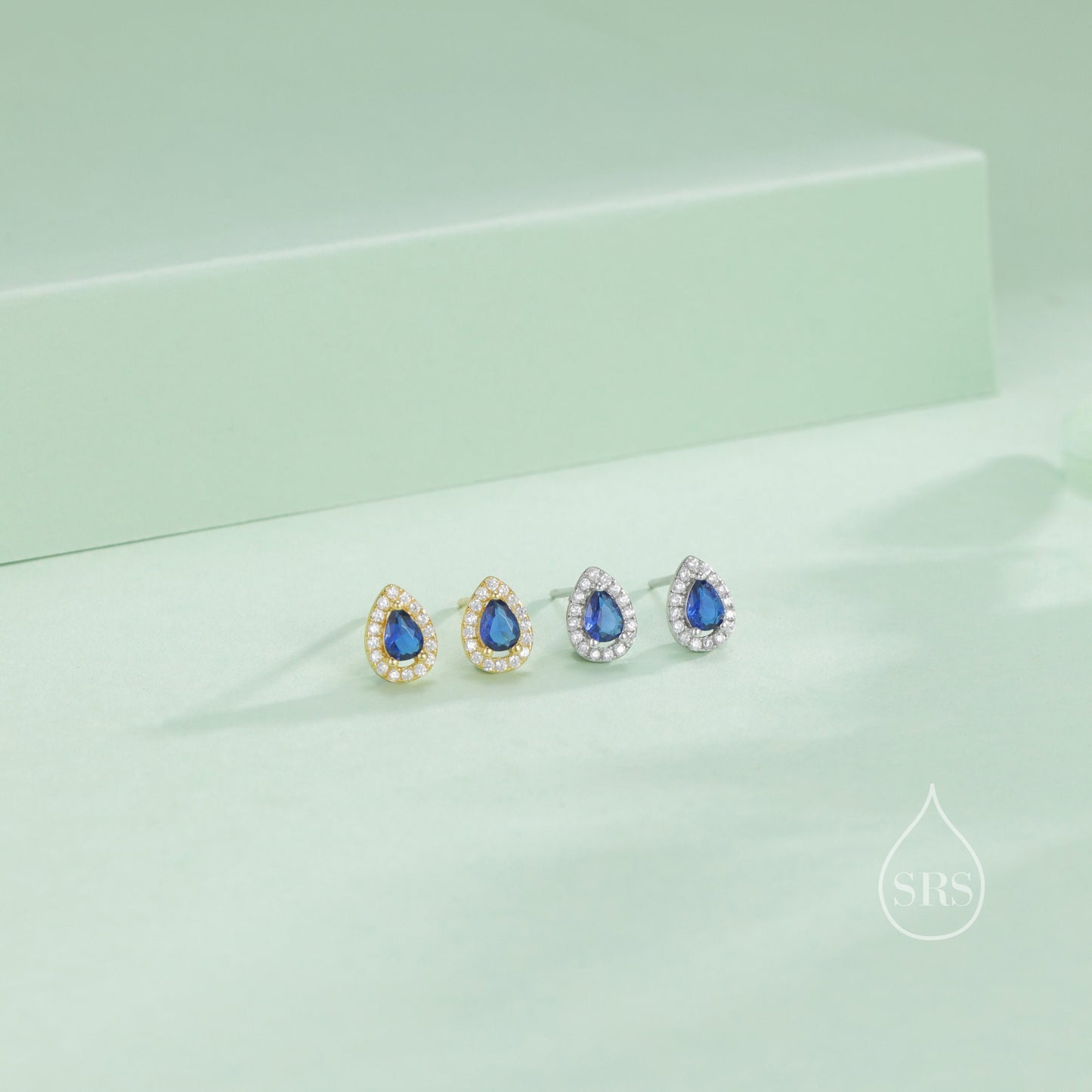 Tiny Sapphire Blue Droplet CZ Halo Stud Earrings in Sterling Silver, Silver or Gold, Tiny Pear Cut  CZ Stud Earrings, September Birthstone