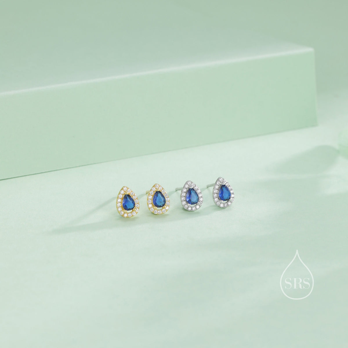 Tiny Sapphire Blue Droplet CZ Halo Stud Earrings in Sterling Silver, Silver or Gold, Tiny Pear Cut CZ Stud Earrings, September Birthstone