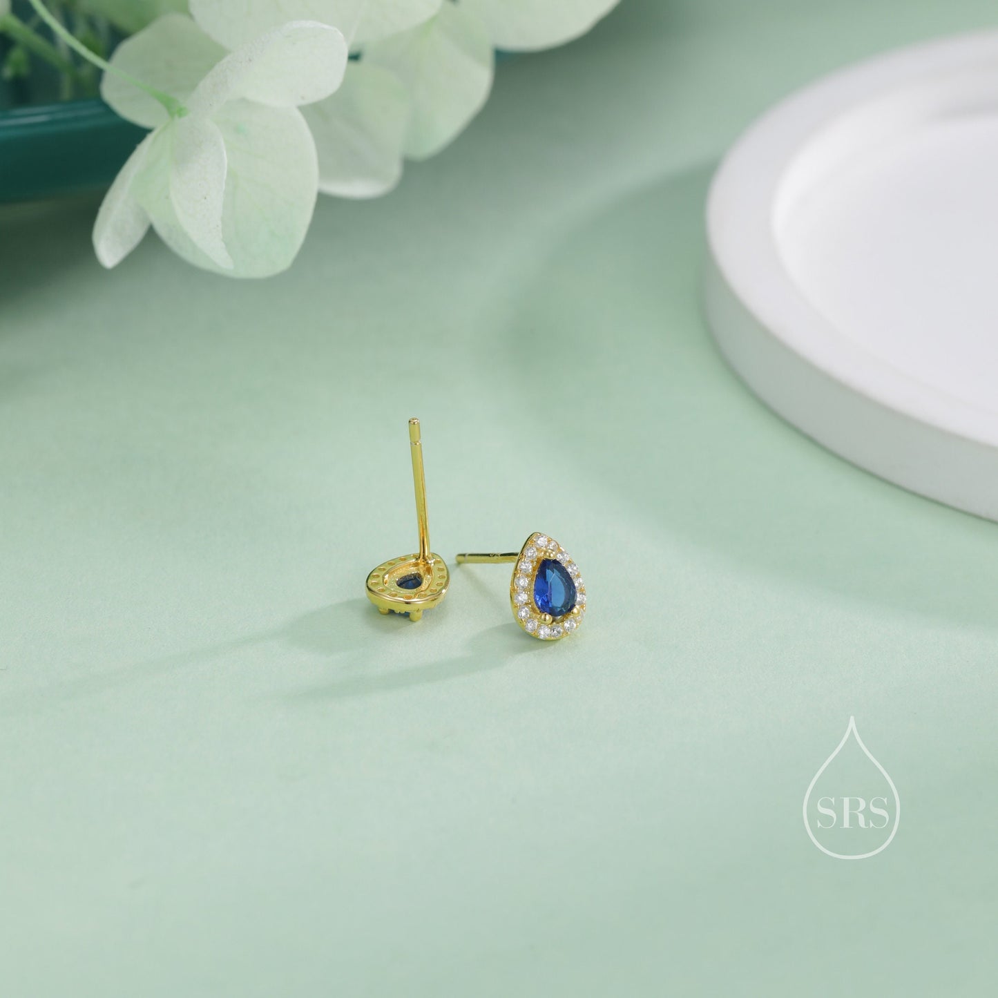 Tiny Sapphire Blue Droplet CZ Halo Stud Earrings in Sterling Silver, Silver or Gold, Tiny Pear Cut  CZ Stud Earrings, September Birthstone