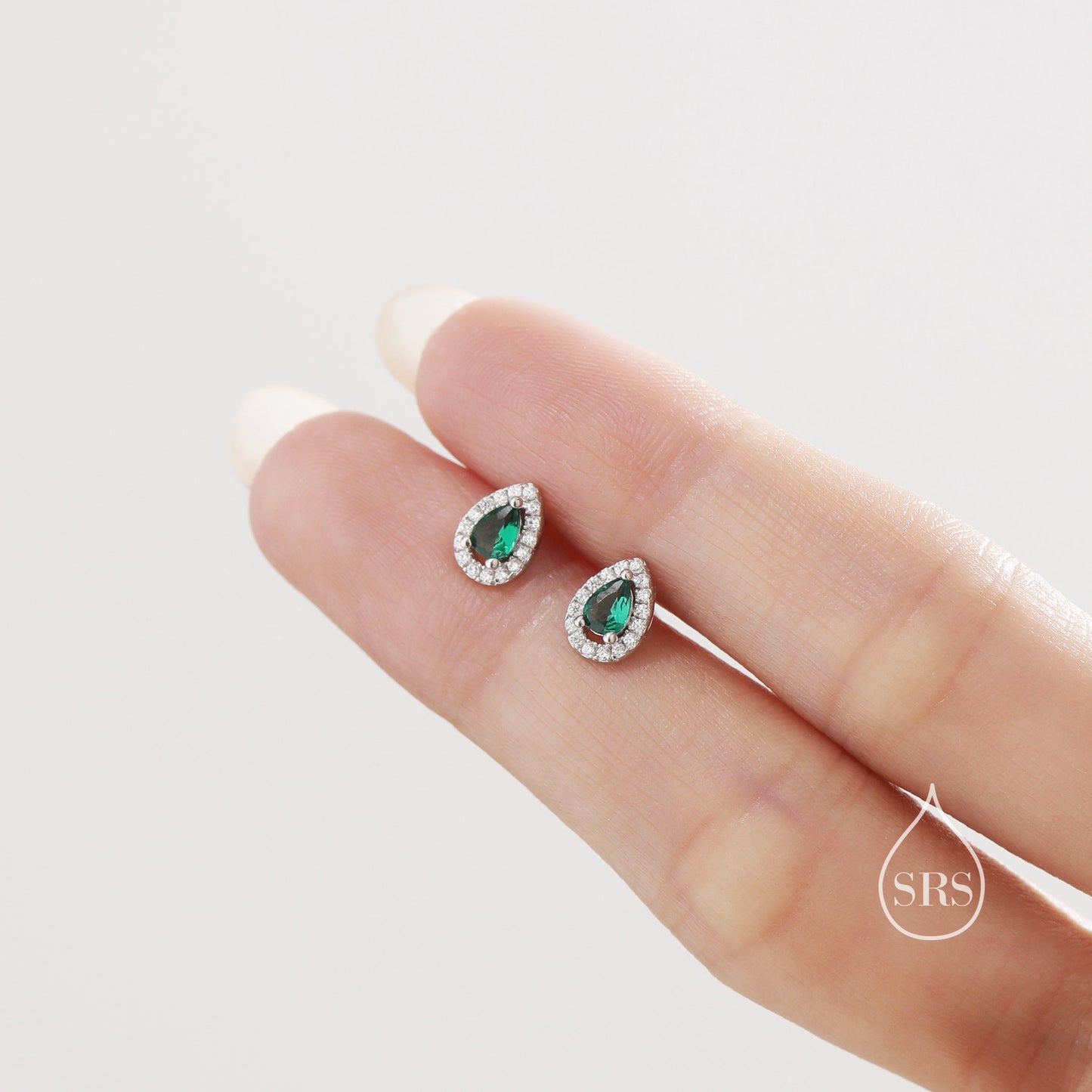 Tiny Emerald Green Droplet CZ Halo Stud Earrings in Sterling Silver, Silver or Gold, Tiny Pear Cut  CZ Stud Earrings, May Birthstone