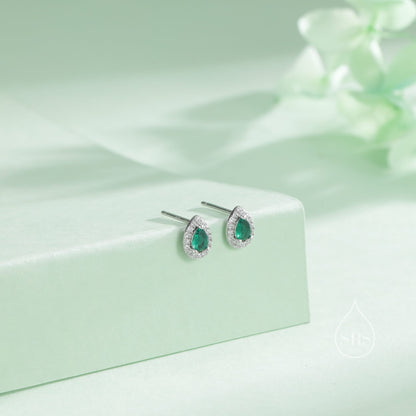 Tiny Emerald Green Droplet CZ Halo Stud Earrings in Sterling Silver, Silver or Gold, Tiny Pear Cut  CZ Stud Earrings, May Birthstone