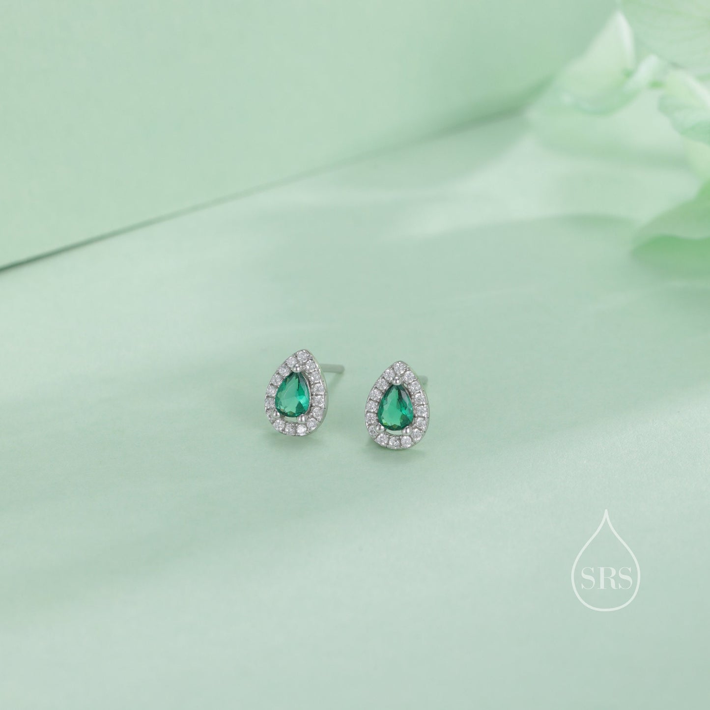 Tiny Emerald Green Droplet CZ Halo Stud Earrings in Sterling Silver, Silver or Gold, Tiny Pear Cut CZ Stud Earrings, May Birthstone