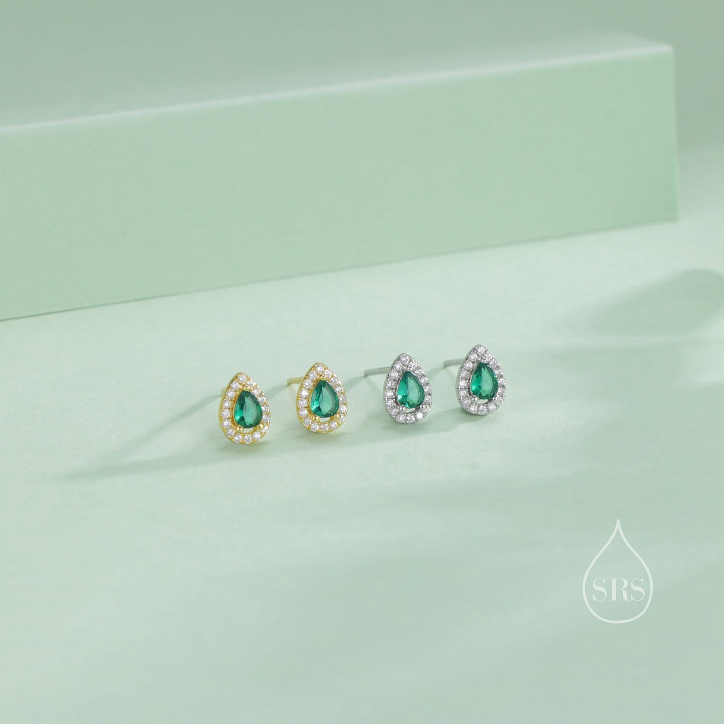 Tiny Emerald Green Droplet CZ Halo Stud Earrings in Sterling Silver, Silver or Gold, Tiny Pear Cut  CZ Stud Earrings, May Birthstone