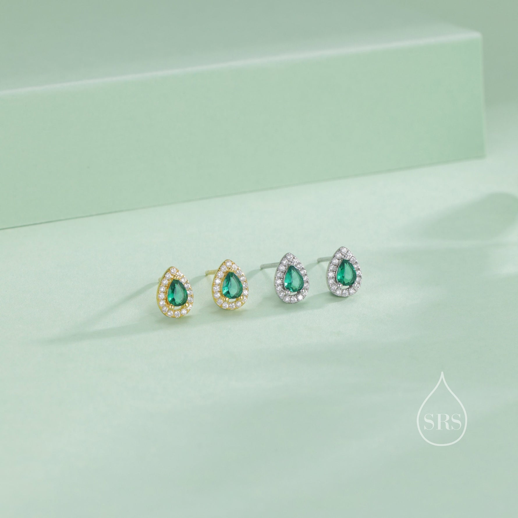 Tiny Emerald Green Droplet CZ Halo Stud Earrings in Sterling Silver, Silver or Gold, Tiny Pear Cut CZ Stud Earrings, May Birthstone