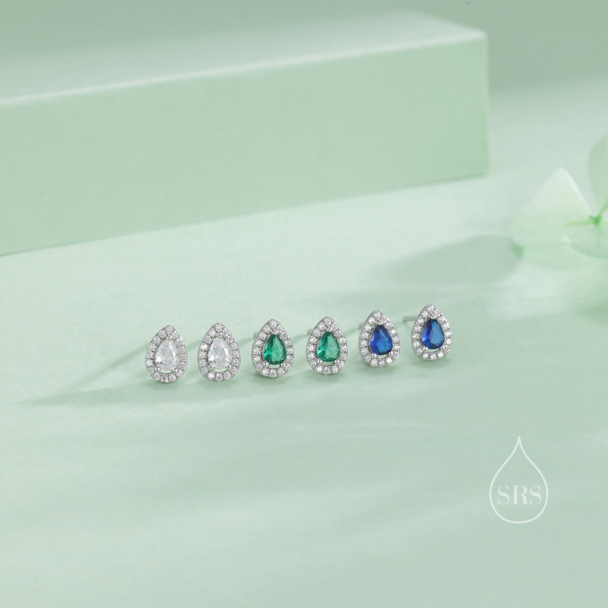 Tiny Sapphire Blue Droplet CZ Halo Stud Earrings in Sterling Silver, Silver or Gold, Tiny Pear Cut CZ Stud Earrings, September Birthstone