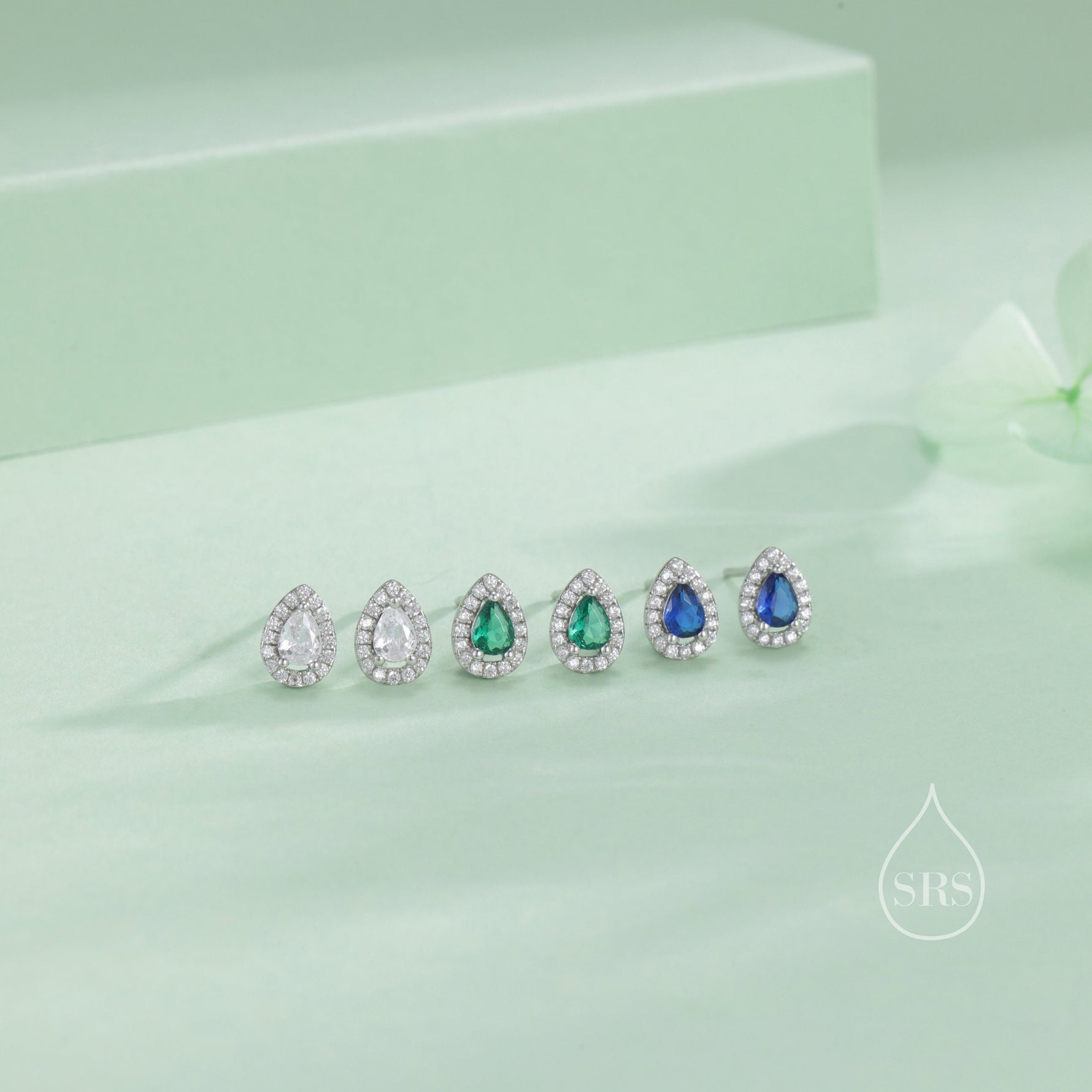 Tiny Sapphire Blue Droplet CZ Halo Stud Earrings in Sterling Silver, Silver or Gold, Tiny Pear Cut CZ Stud Earrings, September Birthstone