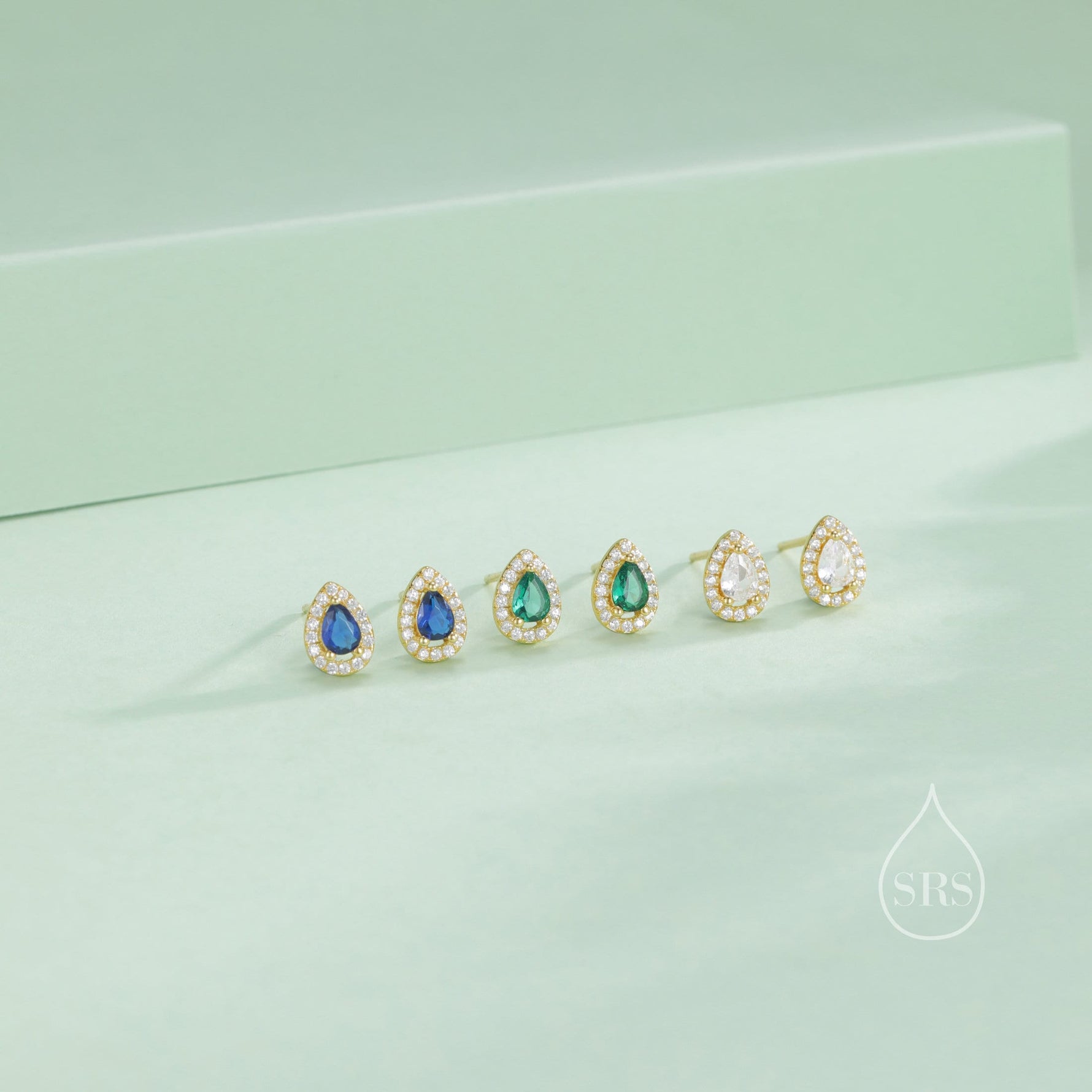 Tiny Sapphire Blue Droplet CZ Halo Stud Earrings in Sterling Silver, Silver or Gold, Tiny Pear Cut CZ Stud Earrings, September Birthstone