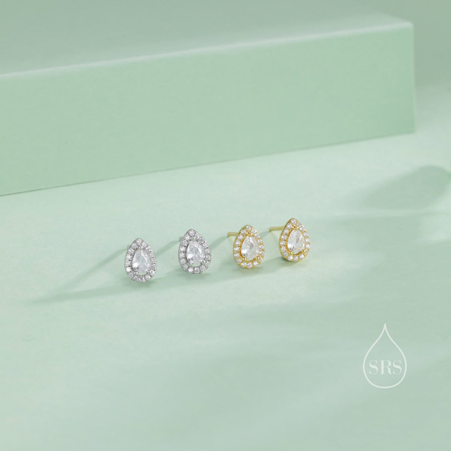 Tiny Droplet CZ Halo Stud Earrings in Sterling Silver, Silver or Gold, Tiny Pear Cut CZ Stud Earrings