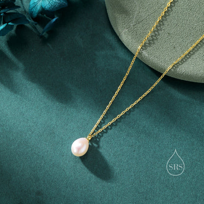 Natural Tiny Droplet Pearl Necklace in Sterling Silver, Silver or Gold, Genuine Freshwater Pearl Pendant Necklace in Sterling Silver
