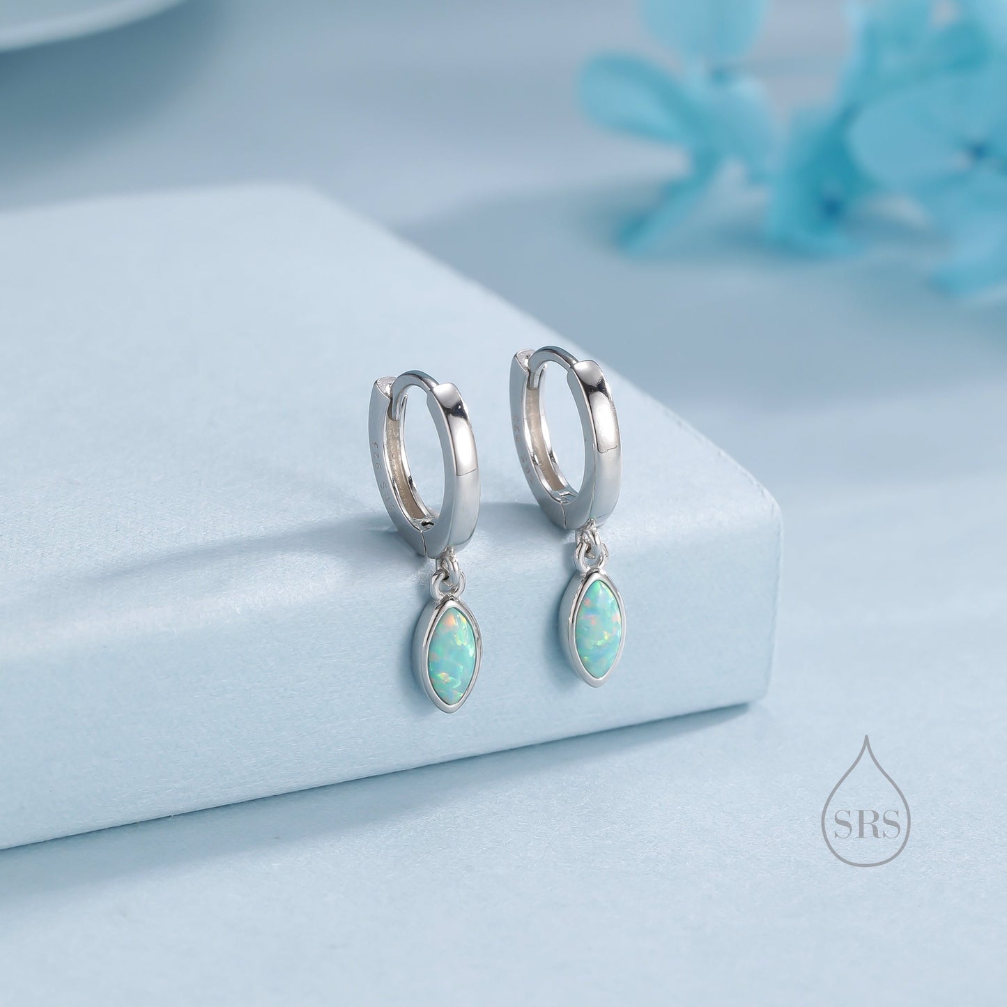 Marquise Aqua Green Opal Huggie Hoops in Sterling Silver, 8mm Opal Hoops, Silver or Gold, Fire Opal Earring