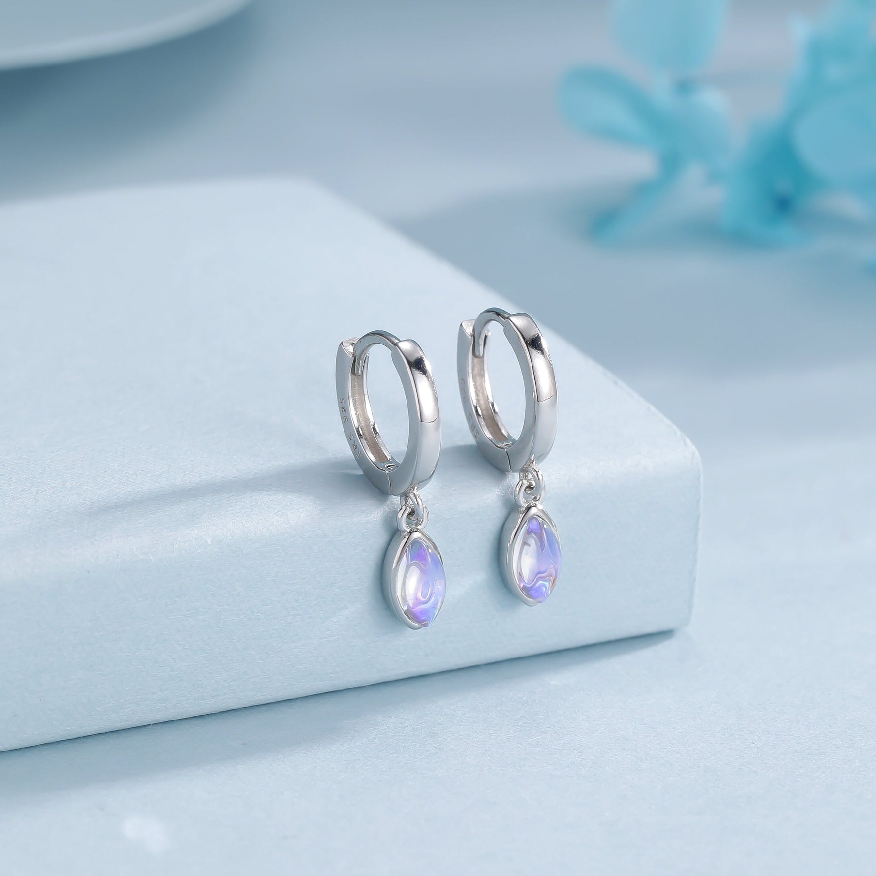 Marquise Moonstone Huggie Hoops in Sterling Silver, 8mm Moonstone Hoops, Silver or Gold, Lab Created Moonstone Earring