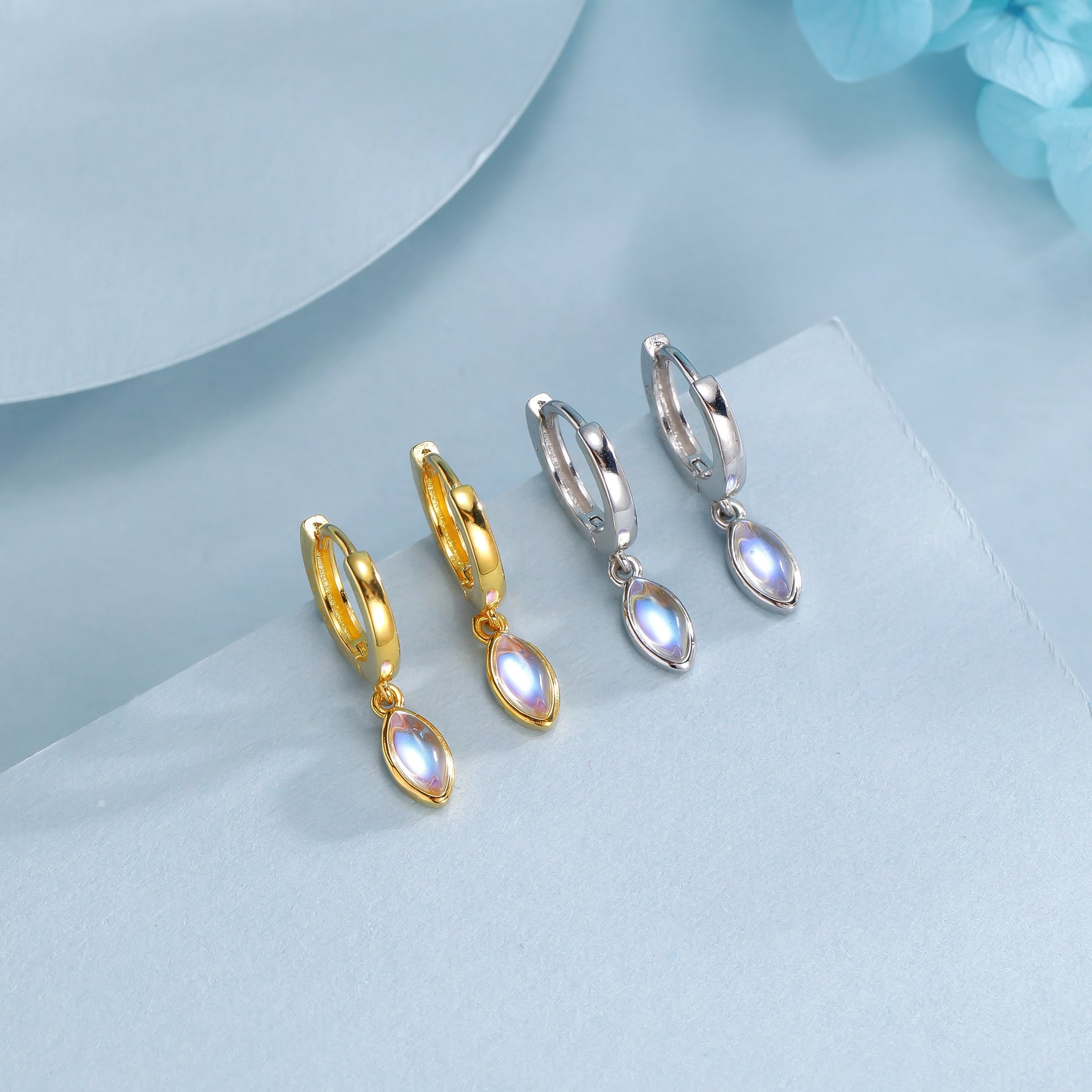 Marquise Moonstone Huggie Hoops in Sterling Silver, 8mm Moonstone Hoops, Silver or Gold, Lab Created Moonstone Earring