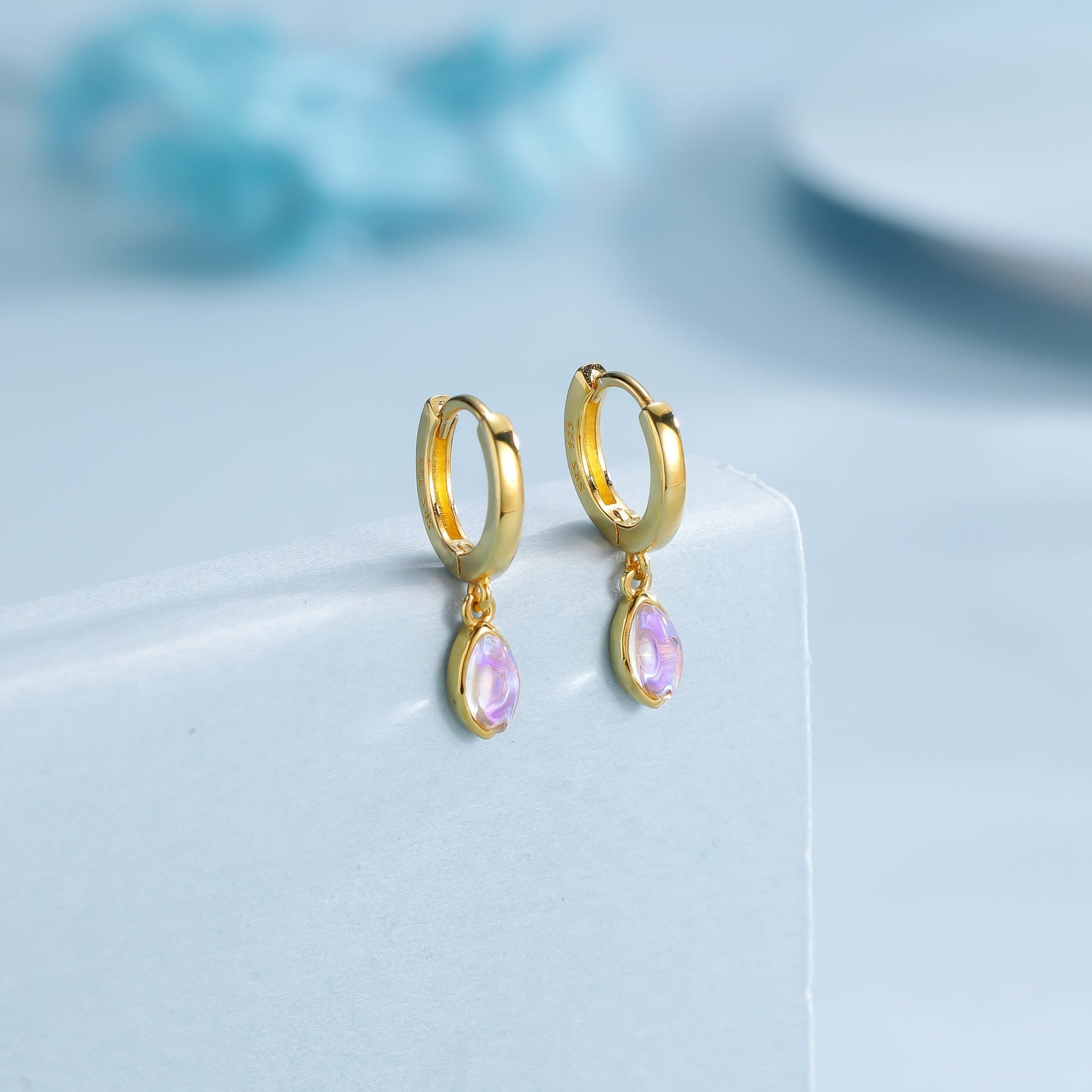 Marquise Moonstone Huggie Hoops in Sterling Silver, 8mm Moonstone Hoops, Silver or Gold, Lab Created Moonstone Earring