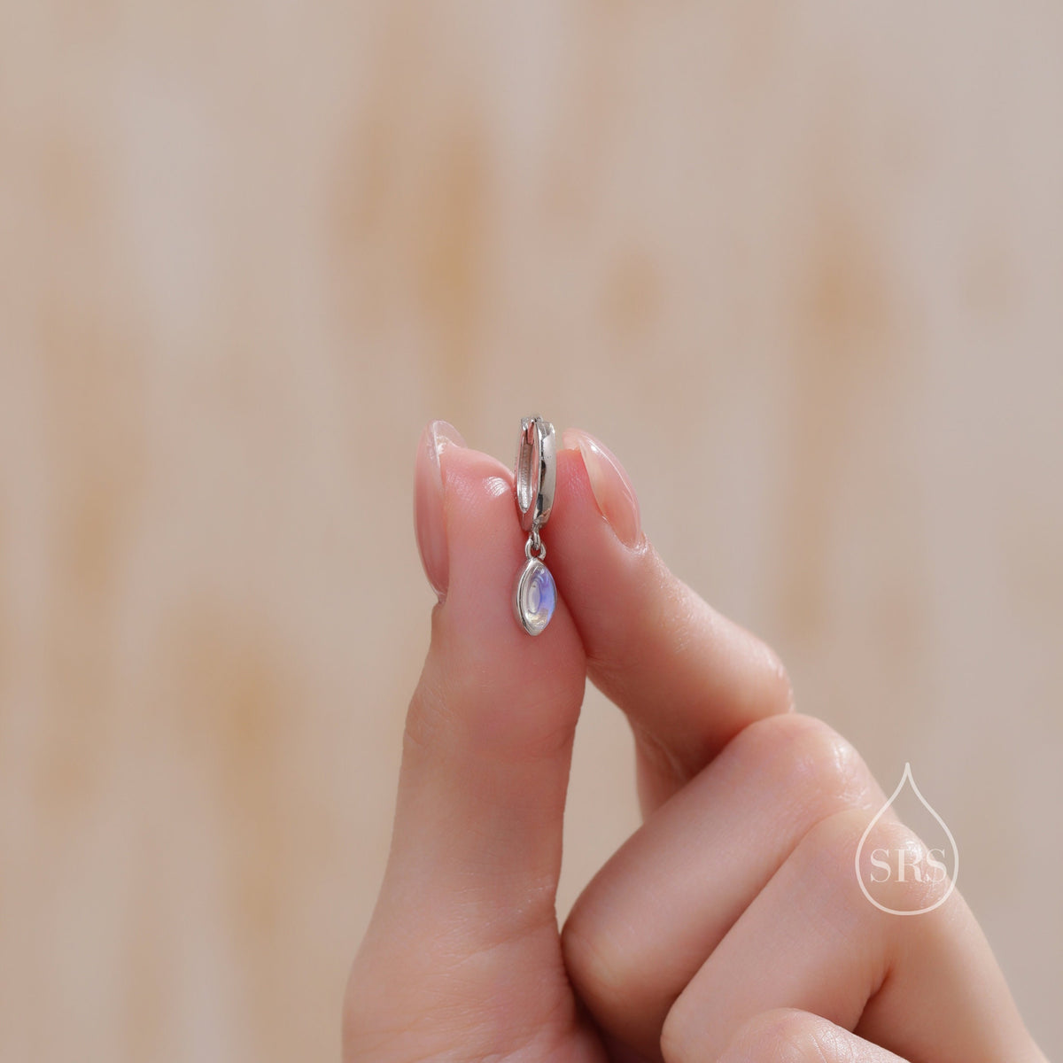 Marquise Moonstone Huggie Hoops in Sterling Silver, 8mm Moonstone Hoops, Silver or Gold, Lab Created Moonstone Earring