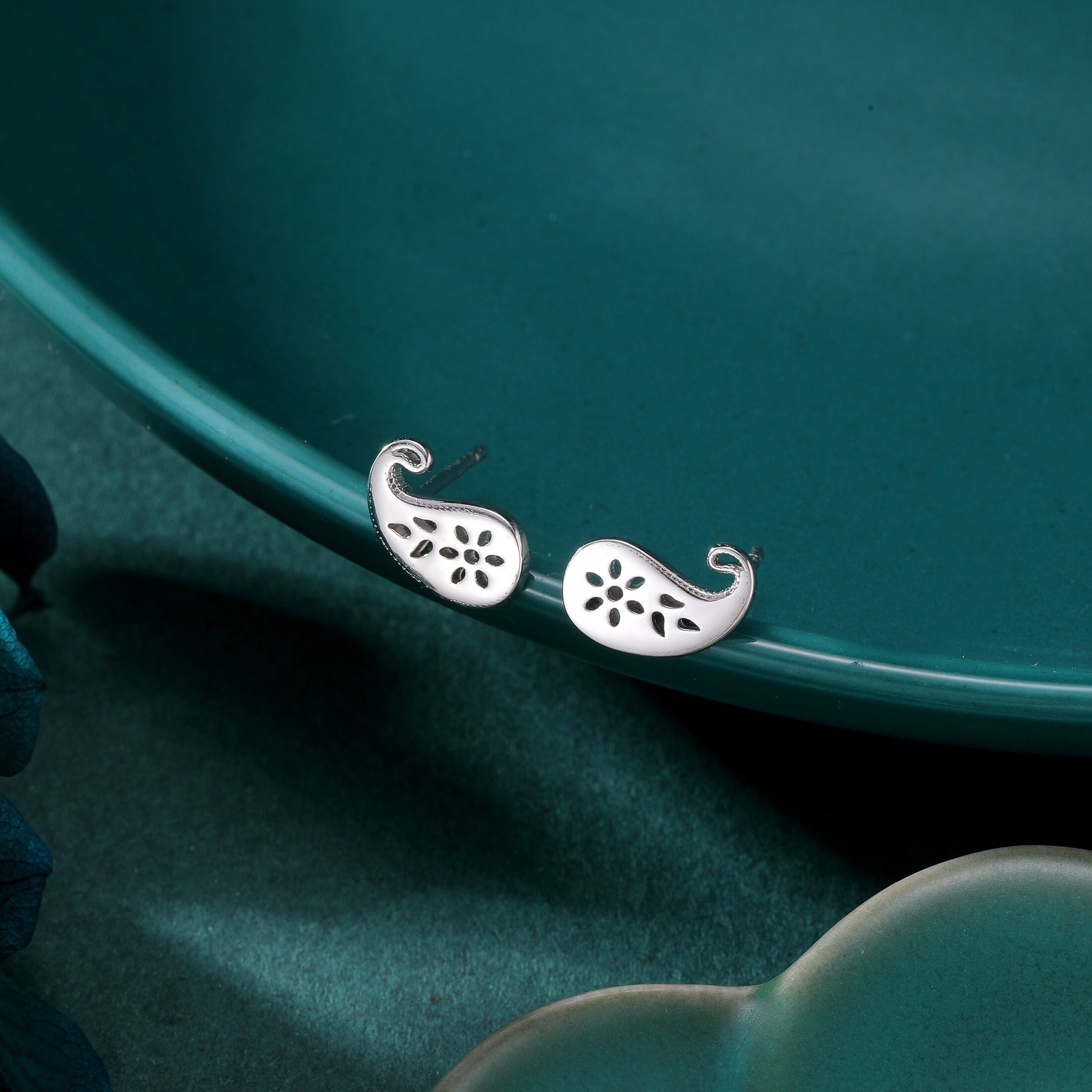 Paisley Pattern Stud Earrings in Sterling Silver, Silver or Gold, Small Stacking Earrings